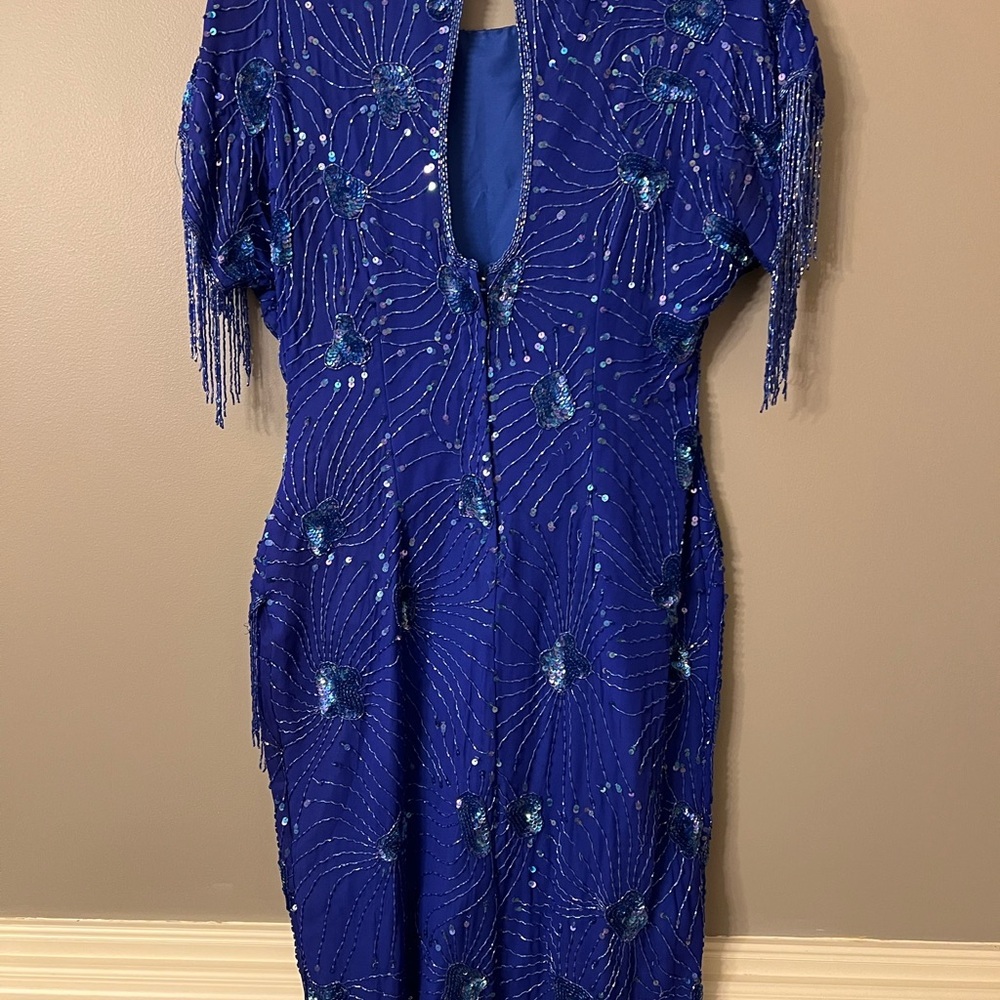 Stenay Vintage Royal Blue Sequin Beaded Tassel Cocktail Dress 100% Silk - Picture 10 of 15
